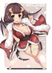  2012 black_panties blush breasts brown_hair choker cleavage dragon_girl dragon_tail dragon_wings green_eyes horns large_breasts new_year open_mouth original panties sandals santa_costume short_hair snow solo t-track_(artist) tail thigh_gap thighs underwear wings 