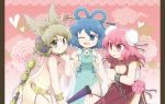  1girl bandage bandages blue_eyes blue_hair blush brown_eyes brown_hair bun_cover chinese_clothes double_bun earmuffs hair_rings hair_stick ibaraki_kasen kaku_seiga manaka_toyomu multiple_girls open_mouth pink_eyes pink_hair short_hair smile sword tabard touhou toyosatomimi_no_miko weapon wink 