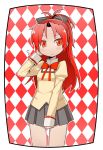  bare_legs blush bow checkered checkered_background flying_sweatdrops frown hair_bow highres long_hair long_sleeves mahou_shoujo_madoka_magica pleated_skirt ponytail puffy_sleeves red_background red_eyes red_hair redhead sakura_kyouko school_uniform skirt sleeves_past_wrists solo standing teruya_kazuhito 
