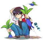  black_hair oddish pokemon pokemon_(game) pokemon_rgby red_(pokemon) red_(pokemon)_(classic) serious sooya throwing 