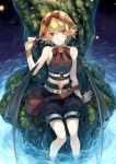  bag bare_shoulders belt blonde_hair bracelet brown_eyes demon_wings feet_in_water hair_ribbon jewelry keg looking_at_viewer midriff navel original pointy_ears ribbon short_hair shorts sitting skull sleeveless smile soaking_feet solo water wings 