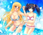  bikini bikini_skirt black_hair blonde_hair blue_eyes blush breasts cleavage cloud erect_nipples frilled_bikini frills front-tie_top hair_ornament large_breasts light_smile long_hair looking_back multiple_girls navel open_mouth original partially_submerged shiny shiny_skin side-tie_bikini sky swimsuit thigh_gap thighs twintails untied wading water yaoto 