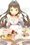  anmi bell book brown_hair cake card cookie dress eating food fork frills glowing glowing_eyes green_eyes grin hair_ribbon holding jewelry long_hair lowres necklace open_book pastry plate ribbon sitting smile solo sword_girls tea tongue very_long_hair wavy_hair wrist_cuffs 