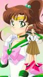  90s bishoujo_senshi_sailor_moon blush bow brown_hair choker circlet earrings elbow_gloves gloves gradient gradient_background green_eyes hair_bobbles hair_ornament halftone halftone_background high_heels highres jewelry kino_makoto light_smile long_hair looking_at_viewer mikiky multicolor_background multicolored_background official_style ponytail sailor_jupiter sailor_senshi school_uniform serafuku shoes solo standing star super_sailor_jupiter wink 