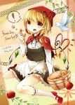  1girl alternate_costume apple apron arm_up basket berries bird blonde_hair cape character_name checkered checkered_background cosplay dove ears engrish fang flandre_scarlet food frills fruit fruit_tart hair_ribbon heart heart_of_string hood kneehighs kuran_(mkmrl) kyuuran leaf little_red_riding_hood little_red_riding_hood_(cosplay) little_red_riding_hood_(grimm) long_sleeves looking_at_viewer mary_janes open_mouth outline paperclip paw_print ranguage red_eyes ribbon shirt shoes short_hair side_ponytail sitting skirt solo speech_bubble teeth tongue touhou wariza white_legwear wings 