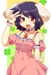  adapted_costume alternate_costume animal_ears bare_shoulders blush brown_eyes bunny_ears bunny_tail carrot clover dress inaba_tewi jewelry matatabi_maru necklace open_mouth orange_eyes pendant pink_dress purple_hair rabbit_ears ribbon_choker short_hair smile solo tail touhou v wrist_cuffs wrist_ribbon 