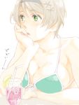  arm_support axis_powers_hetalia bare_shoulders bikini bikini_top blonde_hair breasts bust chin_rest cleavage collarbone drink front-tie_top glass green_eyes grey_hair hair_ornament hairband hairclip hairpin ice_cube large_breasts light_brown_hair looking_away open_mouth parted_lips short_hair simple_background solo straw swimsuit tegaki ukraine_(hetalia) white_background 