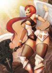  armor axe bare_shoulders black_legwear breasts copyright_request curvy greaves green_eyes long_hair open_mouth profile red_hair redhead solo thick_thighs thigh-highs thighhighs thighs under_boob underboob weapon wings yaoya_musuko 