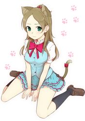  1girl animal_ears blush brown_hair cat_ears cat_tail female green_eyes kemonomimi_mode long_hair looking_at_viewer minamino_kanade minatsuki_randoseru precure school_uniform sitting skirt smile solo suite_precure tail tail_bow wariza 