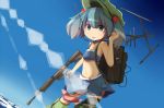  adapted_costume backpack bag bandeau bare_shoulders blue_eyes blue_hair blue_sky gun hair_bobbles hair_ornament hat hizakozouzu kawashiro_nitori lens_flare midriff navel pencil_crayon_(medium) radio randoseru rifle shirt short_hair skirt sky sleeveless solo touhou tubetop twintails weapon 