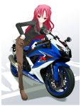  1girl bicycle motor_vehicle motorcycle pants pink_eyes pink_hair suzuki suzuki_gsx-r tomuneko vehicle 