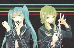  aibon aqua_eyes aqua_hair card green_eyes green_hair gumi hatsune_miku long_hair multiple_girls school_uniform serafuku twintails vocaloid 