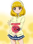  belt blonde_hair female hairband kamen_rider kamen_rider_dcd kamen_rider_decade kise_yayoi looking_at_viewer necktie parody pleated_skirt precure pretty_cure saitoyu00 school_uniform short_hair skirt smile_precure! solo title_drop yellow_eyes 