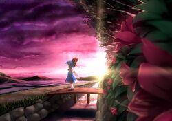  blue_hair blurry bow bridge child cirno depth_of_field dress flower hair_bow kachayori short_hair solo sunlight sunset touhou wings 