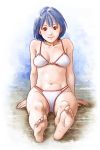  barefoot bikini blue_hair edih feet foreshortening original red_eyes sitting smile solo swimsuit 