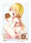  bag bakemonogatari barefoot bikini blonde_hair blush cup doughnut eating head_tilt highres indian_style long_hair monogatari_(series) mouth_hold navel nerima nisemonogatari oshino_shinobu paper_bag paper_cup red_eyes revision sitting solo strap_slip straw swimsuit 