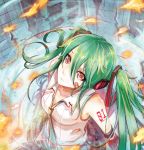  bandaid beancurd detached_sleeves green_hair hatsune_miku highres long_hair necktie partially_submerged red_eyes solo twintails vocaloid water 