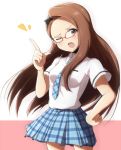  bespectacled blush brown_eyes brown_hair glasses hairband hand_on_hip highres hips idolmaster long_hair minase_iori necktie plaid plaid_skirt rariemonn rough_time_school school_uniform skirt solo wink 