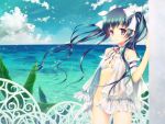  babydoll bare_shoulders bikini black_hair blue_sky bow breasts cleavage cloud clouds detached_sleeves hair_bow long_hair lowleg lowleg_bikini nature neck_ribbon ocean original parted_lips purple_eyes ribbon ribbon_choker scenery sky solo swimsuit touto_seiro twintails violet_eyes white_bikini 