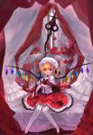  bed blonde_hair bow canopy_bed elbow_gloves embellished_costume flandre_scarlet flower fom_(lifotai) gloves hat highres laevatein light_smile red_eyes rose short_hair side_ponytail solo thigh-highs thighhighs touhou white_gloves white_legwear wings 