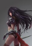  armor ass beiyu black_hair brown_eyes claws gloves grey_background highres lips long_hair looking_back original simple_background solo standing weapon 