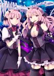  2girls bat_wings bow breasts chocho_(homelessfox) cleavage garter_straps garter_strip gloves hand_holding head_wings holding_hands horns long_hair multiple_girls open_mouth original pantyhose pipe red_eyes red_hair redhead skirt skull smile thigh-highs thighhighs wings 