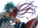  blue_eyes blue_hair closed_eyes eyes_closed fang head_on_chest highres hug long_hair mahou_shoujo_madoka_magica miki_sayaka multiple_girls open_mouth ponytail red_hair redhead sakura_kyouko short_hair tears white_background 