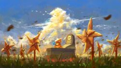  absurdres blue_sky clouds commentary cubone english_commentary flower grave highres holding holding_flower no_humans outdoors pinwheel poke_ball_symbol pokemon pokemon_(creature) rhond_45 sky tombstone unown unown_i unown_p unown_r unownglyphics 