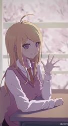  1girl absurdres ahoge akamatsu_kaede backlighting blonde_hair breasts cherry_blossoms classroom collared_shirt commentary crest danganronpa_(series) danganronpa_v3:_killing_harmony desk eyelashes hair_ornament highres long_hair long_sleeves looking_at_viewer musical_note musical_note_hair_ornament necktie oguma_(ogm) pink_sweater_vest pink_vest school_uniform shirt sitting smile solo sweater_vest twitter_username vest violet_eyes waving white_shirt window 