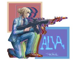  alva_(girls'_frontline_2) an-94 an-94_(antje)_(girls'_frontline) an-94_(girls'_frontline) aqua_eyes aqua_jacket aqua_pants aqua_suit assault_rifle blue_suit business_suit collared_shirt commentary formal_clothes girls'_frontline_2:_exilium girls_frontline gun jacket jhands_onpc necktie pant_suit pants rifle shirt suit suit_jacket weapon 