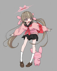  1girl armband black_sailor_collar black_skirt bright_pupils brown_eyes brown_shoes commentary fang full_body grey_background hair_ornament highres kogaremono loafers long_hair long_sleeves looking_to_the_side low_twintails miniskirt natori_sana natori_sana_(school_uniform) neckerchief open_mouth pink_sweater pleated_skirt rabbit_hair_ornament red_armband red_neckerchief sailor_collar sana_channel shoes simple_background skirt socks solo standing stuffed_animal stuffed_rabbit stuffed_toy sweater twintails untranslatable_commentary virtual_youtuber white_pupils white_socks 