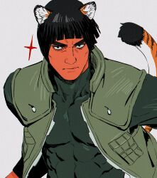  1boy animal_ears black_eyes black_hair black_shirt blunt_bangs blunt_ends closed_mouth collared_jacket commentary_request covered_abs covered_collarbone covered_pectorals eyelashes flak_jacket frown green_jacket highres jacket kemonomimi_mode korean_commentary long_sleeves looking_at_viewer m0_mo_momo male_focus might_guy naruto_(series) naruto_shippuuden open_clothes open_jacket pectorals shirt simple_background skin_tight solo tail thick_eyebrows tiger_boy tiger_ears tiger_tail white_background 