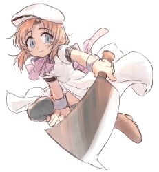 1girl black_thighhighs blue_eyes blue_wrist_cuffs boots bow bowtie dress hat higurashi_no_naku_koro_ni holding holding_weapon hswoimuxk0pwr0h_(bbdan) looking_at_viewer nata_(tool) orange_hair purple_bow purple_bowtie ryuuguu_rena short_sleeves smile solo thigh-highs weapon white_dress white_hat wrist_cuffs 