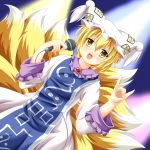  bad_id blonde_hair blush dress fox_tail gesturing hat hat_with_ears highres kmkm9696 lights microphone multiple_tails ofuda open_mouth short_hair smile solo tabard tail touhou white_dress yakumo_ran yellow_eyes 