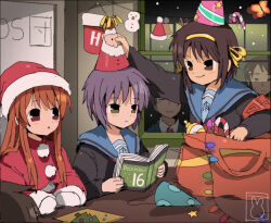  2boys 3girls asahina_mikuru bendedede black_cardigan blue_sailor_collar book brown_eyes brown_hair cameo cardigan closed_mouth commentary english_commentary gloves green_hat hair_ribbon hairband hat holding holding_book indoors kirby_(series) kita_high_school_uniform koizumi_itsuki kyon long_hair long_sleeves medium_hair morpho_knight morpho_knight_(butterfly) multiple_boys multiple_girls nagato_yuki open_cardigan open_clothes parted_lips party_hat pink_hat purple_hair red_hat red_ribbon ribbon sailor_collar santa_costume santa_hat school_uniform serafuku short_hair sidelocks sitting smile sos_brigade suzumiya_haruhi suzumiya_haruhi_no_yuuutsu table upper_body white_gloves winter_uniform yellow_hairband 