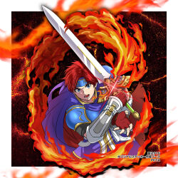  1boy armor basasi_1 blue_armor blue_eyes blue_headband cape fire_emblem fire_emblem:_the_binding_blade forehead_protector headband looking_at_viewer red_hair roy_(fire_emblem) short_hair 