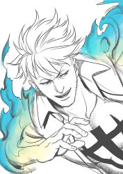  1boy beard_stubble chest_tattoo commentary_request facial_hair fire kdash looking_to_the_side male_focus marco_(one_piece) one_piece short_hair simple_background smile solo stubble tattoo upper_body v-shaped_eyebrows 