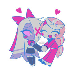  2girls :d ^_^ absurdly_long_hair belt black_bow black_bowtie black_gloves black_skirt black_thighhighs blonde_hair blush_stickers bow bowtie charlie_morningstar chibi chibi_inset circle_facial_mark closed_eyes closed_mouth colored_inner_hair colored_sclera colored_skin colored_tips commentary_request elbow_gloves face-to-face facial_mark facing_another fang fingerless_gloves full_body gloves grey_hair grey_skin hair_bow hair_over_one_eye hazbin_hotel heart hellaverse holding_hands jacket legs_together long_hair long_sleeves looking_at_another low-tied_long_hair menma_(enaic31) miniskirt multicolored_hair multiple_girls no_nose one_eye_covered open_mouth pants pencil_skirt pink_bow pink_hair pink_jacket pink_pants pink_sclera raised_eyebrow raised_inner_eyebrows saturated shirt shoes sideways_glance signature simple_background single_blush_sticker single_eyebrow skirt smile standing streaked_hair thigh-highs tongue traditional_bowtie two-tone_hair vaggie very_long_hair white_background white_belt white_hair white_shirt white_shoes white_skin white_streaks x_(symbol) yellow_eyes zettai_ryouiki 