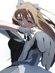  1girl :d backlighting bare_shoulders black_dress black_gloves blue_eyes bow breasts brown_hair commentary_request dress gloves grey_bow hair_bow half_updo highres looking_at_viewer love_live! love_live!_nijigasaki_high_school_idol_club medium_breasts mochi_(znkn4524) off-shoulder_dress off_shoulder open_mouth osaka_shizuku ponytail simple_background smile solitude_rain_(love_live!) solo split-color_clothes teeth two-tone_dress upper_body white_background white_dress 