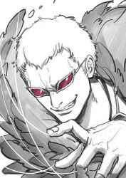  1boy clenched_teeth close-up commentary_request donquixote_doflamingo feather_cape greyscale kdash male_focus monochrome one_piece pink-tinted_eyewear short_hair smile solo spot_color string teeth tinted_eyewear 