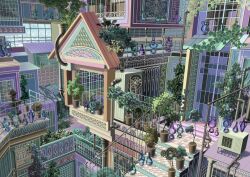  3d architecture building bush commentary_request kyuui lead_pipe no_humans original plant potted_plant railing scenery stairs tagme tile_floor tiles tree vase 