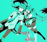  1girl blue boots character_name couple dual_persona genderswap happy hatsune_miku hatsune_mikuo highres kunieda_(miniaturegarden) laughing necktie skirt thigh-highs thigh_boots thighhighs vocaloid 