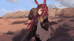 1girl :/ animal_ears animal_on_shoulder arknights belt black_shirt blue_sky brown_jacket brown_vest bush clouds commentary cropped_vest day desert expressionless extra_ears from_side gloves grey_belt headlamp highres hinami047 holding holding_map jacket long_hair long_sleeves looking_at_viewer map off_shoulder outdoors petting purple_hair rabbit_ears rabbit_girl ray_(arknights) sand_dune sandbeast_(arknights) scenery shirt sky solo vest violet_eyes visor_cap yellow_gloves 