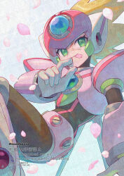  1boy armor axl_(mega_man) blue_gloves brown_hair chest_jewel cross_scar forehead_jewel gloves green_eyes helmet male_focus mega_man_(series) mega_man_x_(series) petals pink_petals red_helmet scar scar_on_face solo spiky_hair yamanashi_taiki 