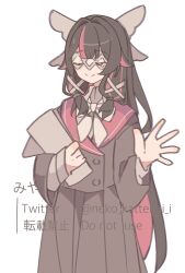  1girl alternate_costume black_hair bow bowtie closed_eyes closed_mouth columbina_(genshin_impact) commentary_request eye_mask genshin_impact hair_ornament hair_ribbon head_wings highres holding holding_paper long_hair long_skirt long_sleeves mask multicolored_hair multiple_wings neko_kattenai_i paper purple_hair purple_streaks ribbon sailor_collar school_uniform skirt smile solo streaked_hair two-tone_hair very_long_hair white_bow white_wings wing_hair_ornament wings x-shaped_eyewear 