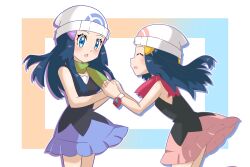  2girls alternate_world_dawn aqua_eyes beanie black_shirt blue_hair blue_skirt blush commentary_request doppelganger eyelashes green_scarf hair_ornament hat highres hikari_(pokemon) holding_hands kuroa_(pixiv_4681345) long_hair multiple_girls open_mouth pink_scarf pink_shirt pokemon pokemon_(anime) pokemon_journeys poketch scarf shirt skirt sleeveless sleeveless_shirt smile watch watch white_hat 