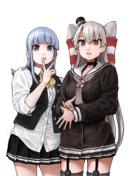 2girls adapted_costume amatsukaze_(kancolle) balloon black_skirt black_vest blue_eyes blue_hair bow brown_dress brown_eyes brown_neckerchief brown_shirt buttons collared_shirt commentary_request cowboy_shot dress dress_shirt garter_straps grey_hair hair_tubes hatsukaze_(kancolle) highres kantai_collection lifebuoy_ornament long_hair long_shirt long_sleeves looking_at_viewer multiple_girls neckerchief sailor_collar sailor_dress shirt short_dress simple_background skirt sleeves_rolled_up tsukigime two_side_up v vest white_background white_sailor_collar white_shirt yellow_bow 