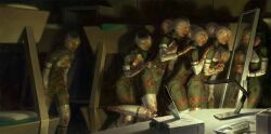  6+girls android black_hair black_hat cassette_player closed_eyes commentary corrupted_eule_(signalis) english_commentary eule_(signalis) faux_traditional_media full-length_mirror hand_on_another's_shoulder hat hiding highres horror_(theme) indoors knife madsraa mirror multiple_girls painterly realistic shadow short_hair signalis standing zombie 