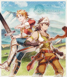  2boys anniversary armor belt blonde_hair blue_eyes blue_pants blue_sky border brown_hair brown_pants closed_mouth clouds commentary_request copyright_name cotelier greaves green_shirt gustave_xiii holding holding_staff holding_sword holding_weapon inset_border looking_ahead medium_hair mountain multiple_boys on_ground open_mouth ornate_border outdoors outside_border pants pouch red_shirt saga saga_frontier_2 shirt sky smile staff standing sword visor_(armor) watermark watermark_grid weapon white_border william_knights 