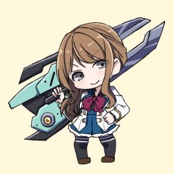  >:) 1girl assault_lily black_shirt black_thighhighs blue_skirt bow bowtie brown_hair brown_shoes chibi closed_mouth commentary_request full_body grey_eyes gumoyu hand_on_own_hip hand_up head_tilt herensuge_girls_academy_school_uniform high-waist_skirt holding holding_weapon iijima_renka jacket long_hair long_sleeves looking_at_viewer low_side_ponytail open_clothes open_jacket over_shoulder red_bow red_bowtie school_uniform shirt shoes side_ponytail simple_background skirt solo standing thigh-highs v-shaped_eyebrows weapon weapon_over_shoulder white_jacket yellow_background 